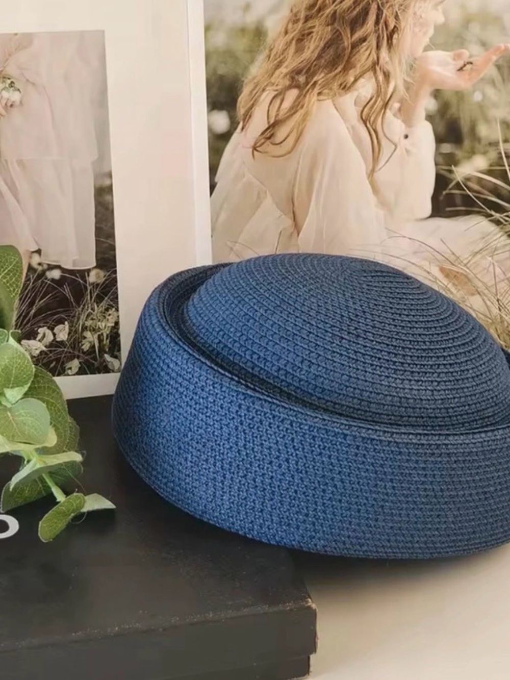 Summer Woven Pillbox Hat - Navy